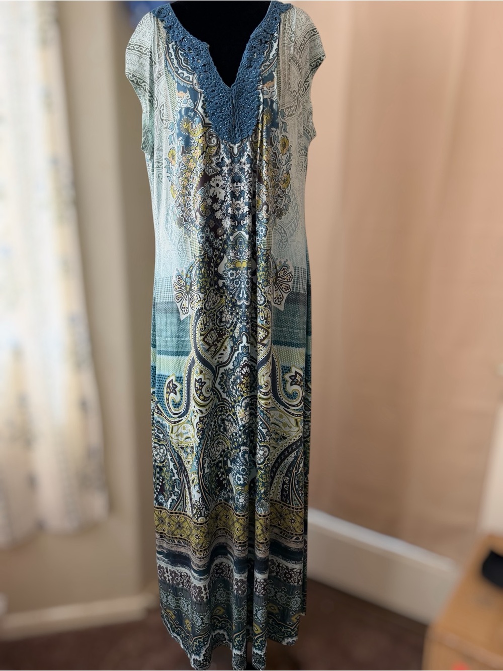 One World Bohemian Paisley Maxi Dress in Blue and Green
